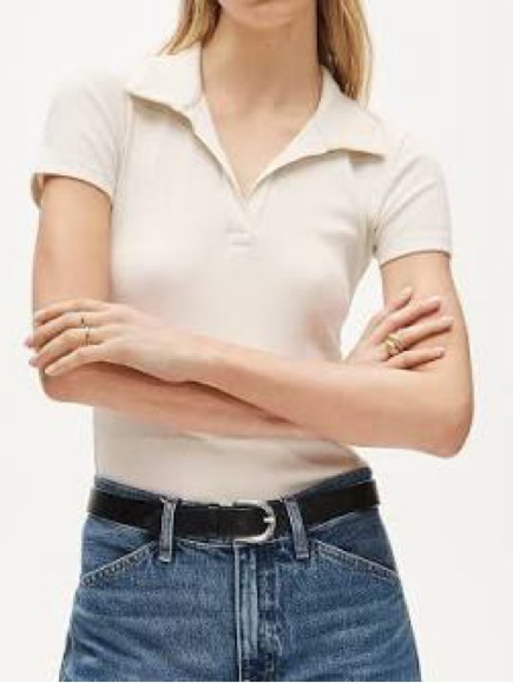 J Crew Women L Perfect rib johnny-collar top polo shirt fitted cream